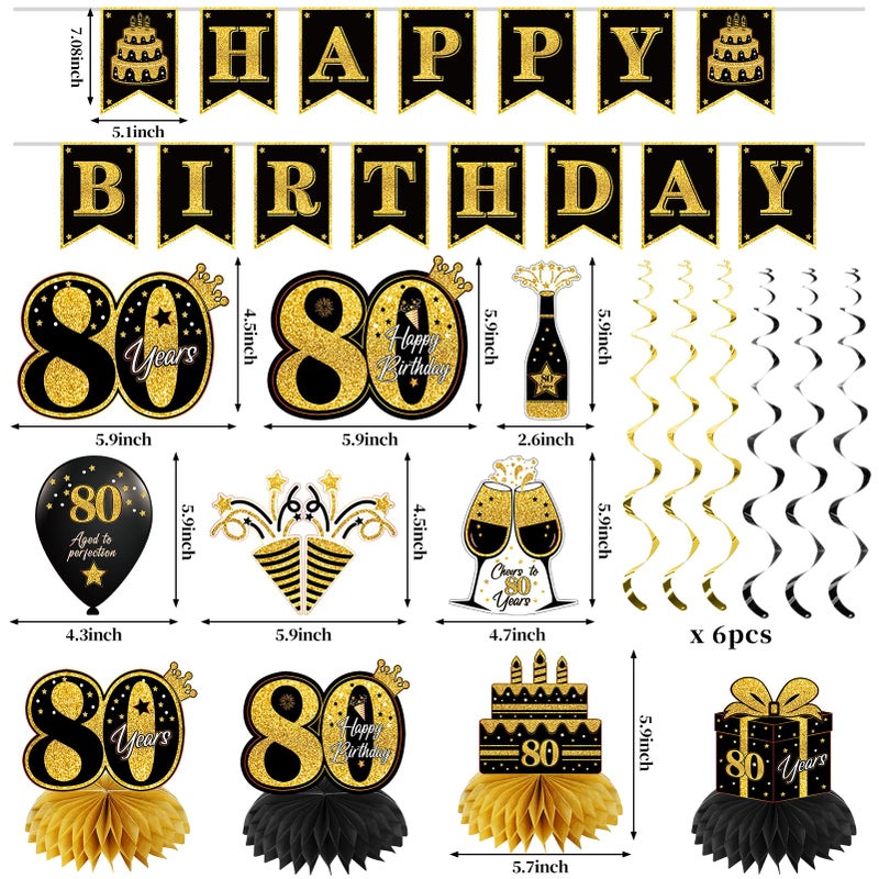 Eucutur 42PCS 80th Birthday Decoration Kit for Men Women, Black Gold Happy 80th Bday Banner Balloons Honeycomb Centerpiece Swirl Paper Pompoms Party Supplies, 80 Bday Sash Table Cake Topper Swirls Set - Image 2